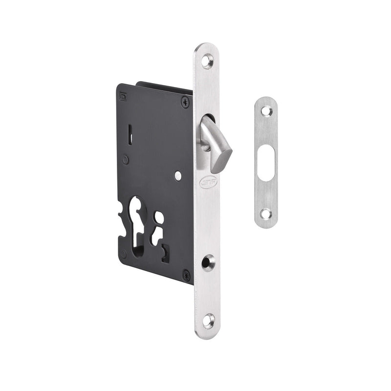 FECHADURA DE EMBUTIR PARA PORTA DE CORRER COM ACABAMENTO EM AÇO INOX ACETINADO